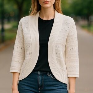 Yarn Art Women’s Medium Open Knit Cardigan Cream White Boho Vintage